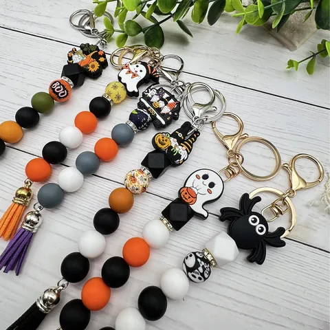 Μπρελόκ με Χάντρες Σιλικόνης Halloween Κινούμενα Σχέδια Φάντασμα Αράχνη Κολοκύθα Φούντα Κρεμαστό Τσάντας Γυναικείο