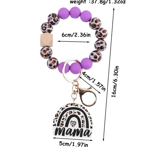 Boho Silicone Wood Bead Wristlet Keychain With Mama Acrylic Tag Leopard Rainbow Bead Bangle Key Ring Gift For Women