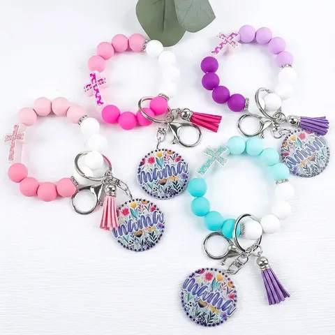 Silicone Bead Keychain Bracelet For Women Floral Mama Acrylic Plate Rhinestone Cross Charm Key Ring Wristlet Fashion Jewelry Gift