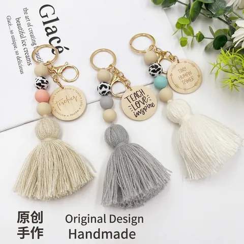 Nordischer Silikon Perlen Holzscheibe Quaste Schlüsselanhänger Lehrer Geschenk Inspirierende Beschriftung Taschenanhänger Schlüsselring