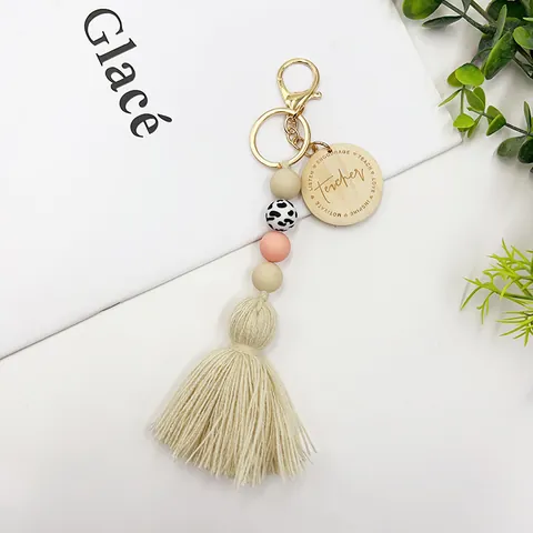 Nordischer Silikon Perlen Holzscheibe Quaste Schlüsselanhänger Lehrer Geschenk Inspirierende Beschriftung Taschenanhänger Schlüsselring
