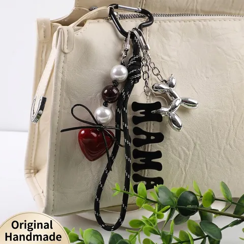 Acrylic MAMA Letter Balloon Dog Bag Charm Heart Pendant Woven Rope Keychain For Women Girls Backpack Decoration Accessory