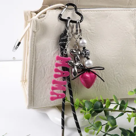 Acrylic MAMA Letter Balloon Dog Bag Charm Heart Pendant Woven Rope Keychain For Women Girls Backpack Decoration Accessory