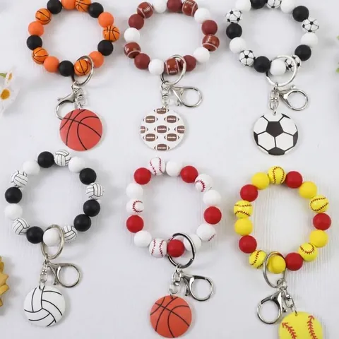 Llavero de Deporte con Cuentas Pulsera de Silicona Patrón de Baloncesto Fútbol Anillo de Llave para Fans del Deporte Hombres Mujeres
