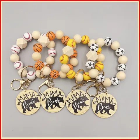 Llavero Deportivo de Cuentas de Madera Con Etiqueta Mama Bear Oso Polar Anillo de Llave para Mujer Regalo Baloncesto Fútbol