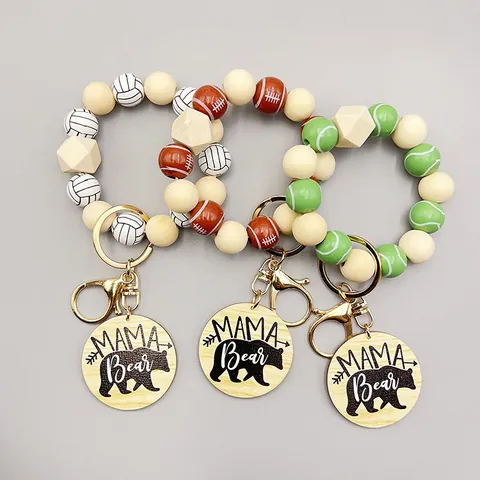 Llavero Deportivo de Cuentas de Madera Con Etiqueta Mama Bear Oso Polar Anillo de Llave para Mujer Regalo Baloncesto Fútbol