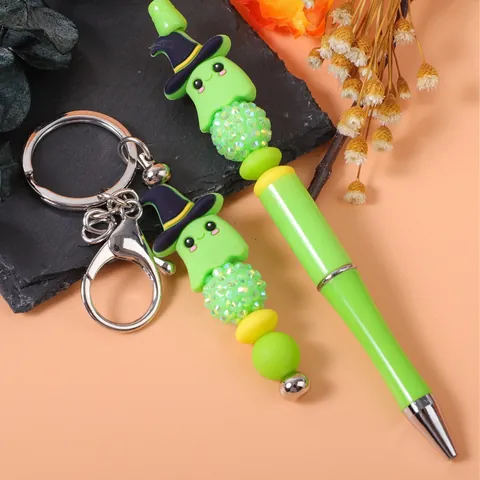 Halloween Ghost Beaded Pen Witch Hat Silicone Beads Ballpoint Pen And Ghost Beaded Keychain For Students Office Stationery Halloween Gift