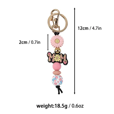 Silicone Printed Octagon Beaded Keychain Bracelet For Women MOM Daisy Silicone Bead Wristlet Bag Charm Key Ring Gift