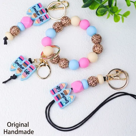 Porte-clés Perlé en Silicone Journée des Enseignants Lanyard avec Perles en Bois Léopard Pendentif Crayon Bijoux Cadeau