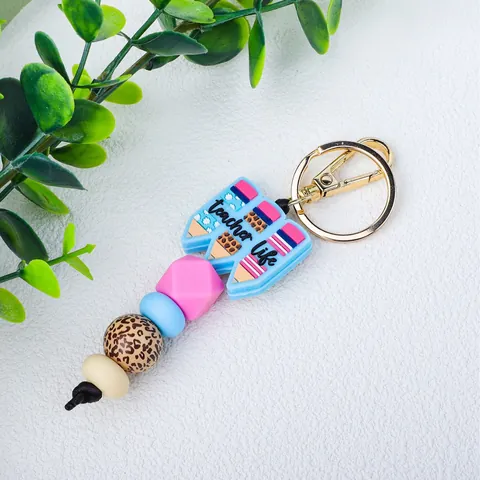 Porte-clés Perlé en Silicone Journée des Enseignants Lanyard avec Perles en Bois Léopard Pendentif Crayon Bijoux Cadeau