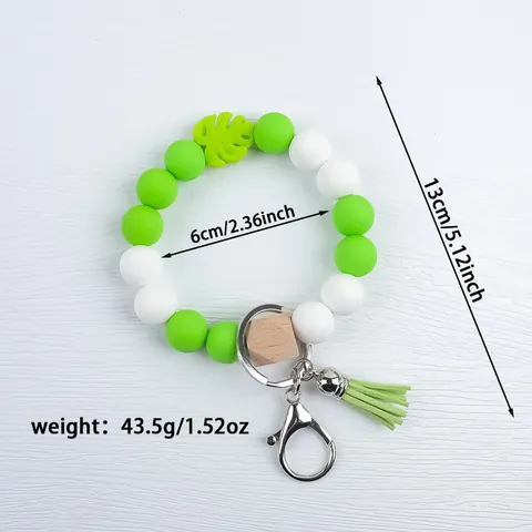 Handmade Silicone Beaded Tassel Keychain Bracelet Wood Bead Monstera Leaf Charm Wristlet Bag Pendant Key Ring For Women