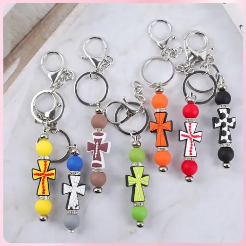 Llavero de Cruz con Cuentas de Silicona Tema de Balón Deportivo Béisbol Baloncesto Fútbol Strass Aleación Colgante de Bolso Regalo Accesorio