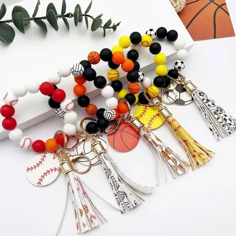 Llavero de Pulsera de Cuentas de Silicona Deportiva Con Borla Dije de Pelota de Madera Baloncesto Fútbol Béisbol Para Mujer Hombre