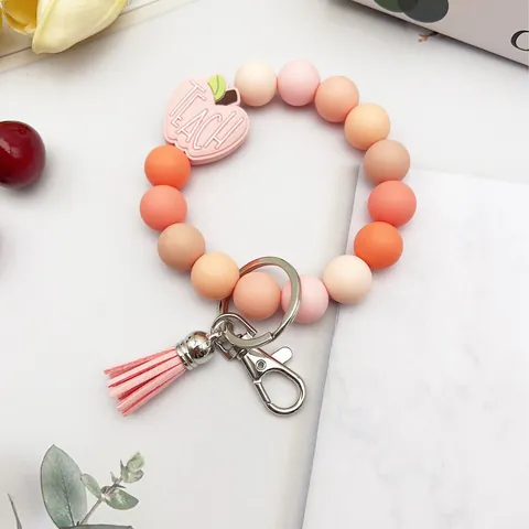 Silicone Beaded Wristlet Keychain for Teachers Apple Teach Charm Teacher Appreciation Day Gift Bracelet Keychain with Tassel for Women