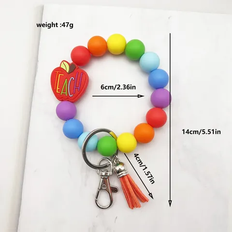 Silicone Beaded Wristlet Keychain for Teachers Apple Teach Charm Teacher Appreciation Day Gift Bracelet Keychain with Tassel for Women