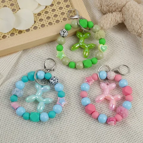 Cute Cartoon Balloon Dog Beaded Keychain Bracelet Bag Pendant Leopard Heart Star Resin Silicone Beads Key Ring Accessories