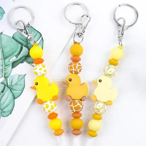 American Style Cute Silicone Yellow Duck Keychain For Kids Christmas Gift Cartoon Animal Bead Bag Pendant Key Ring Jewelry