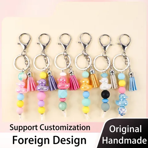 Silicone Bead Keychain With Cartoon Duck Charm Decorative Tassel Alloy Key Ring For Bag Accessories Women Girls Gifts