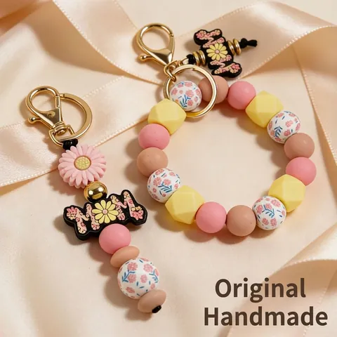Silicone Printed Octagon Beaded Keychain Bracelet For Women MOM Daisy Silicone Bead Wristlet Bag Charm Key Ring Gift