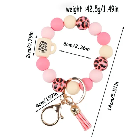 Leopard Print Silicone Bead Wristlet Keychain With Coffee Cup Pendant Tassel Silicone Beads Bangle Keychain For Women Bag Charm Car Key Ring