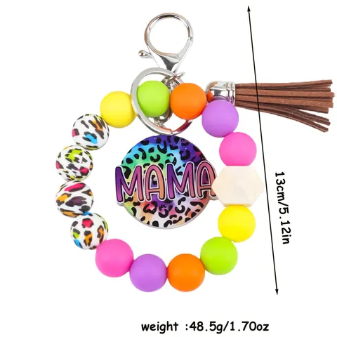 Colorful Silicone Bead Keychain Wristlet For Women Mama Letter Leopard Print Tassel Bangle Key Ring Fashion Jewelry Accessories Gift