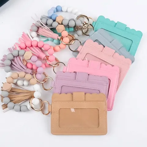 Women Silicone Bead Bracelet Keychain PU Leather Card Holder Wallet Tassel Key Ring Bangle Wristlet Wallet For Car Keys Card Holder