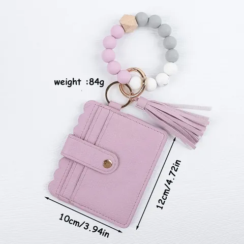Women Silicone Bead Bracelet Keychain PU Leather Card Holder Wallet Tassel Key Ring Bangle Wristlet Wallet For Car Keys Card Holder
