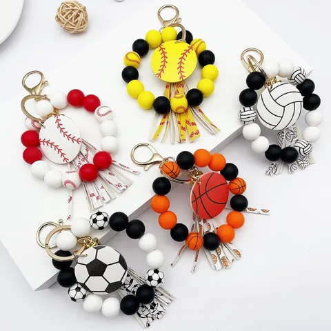 Llavero de Pulsera de Cuentas de Silicona Deportiva Con Borla Dije de Pelota de Madera Baloncesto Fútbol Béisbol Para Mujer Hombre