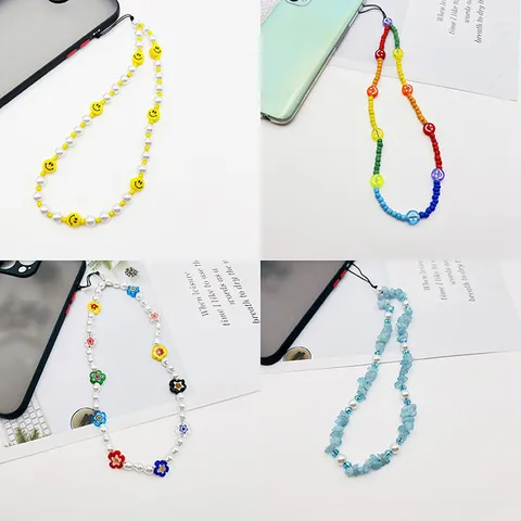 Ins Style Colorful Beaded Phone Lanyard Anti-Lost Wrist Strap Handmade Glass Acrylic Artificial Pearl Phone Charm For Keychains Cameras