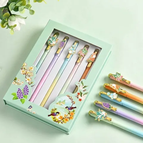 Twelve Flower Goddess Gel Pen Metal Lacquered Shell High Grade Chinese Vintage Writing Pen With Enamel Floral Charm Business Office Stationery Gift Box