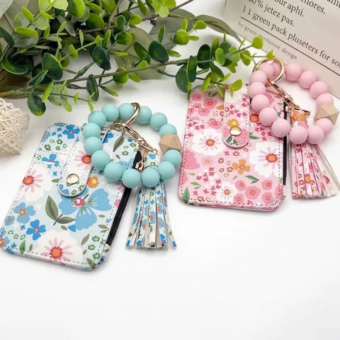 Blumiger PU Leder Ausweishalter Geldbeutel mit Silikonperlen Armband Schlüsselanhänger Quaste Tragbare Tasche für Damen