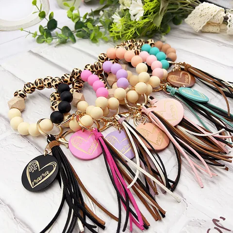 Leopard Print Silicone Wood Bead Wristlet Keychain Mama Engraved Heart Wood Disc Tassel Bracelet Key Ring For Women Gift