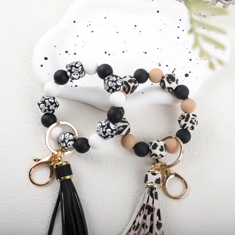 14mm Silicone Octagonal Bead Wristlet Keychain Rubber Paint Tassel Key Ring Bangle Fashion Bag Charm Gift For Women
