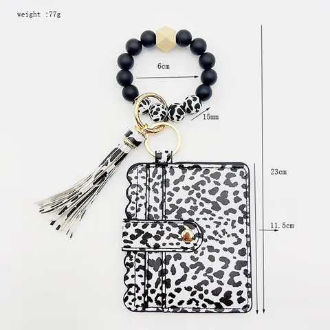 Llavero con Porta Tarjetas Estampado de Leopardo Pulsera de Cuentas de Silicona con Borla Pulsera de Cuero PU Llavero para Mujer Regalo