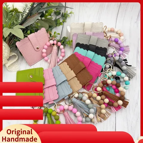 Women Silicone Bead Bracelet Wristlet Keychain With PU Leather Card Holder Scalloped Edge Tassel Charm Wallet Key Ring