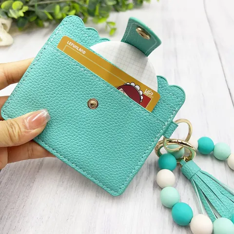 Women Silicone Bead Bracelet Wristlet Keychain With PU Leather Card Holder Scalloped Edge Tassel Charm Wallet Key Ring