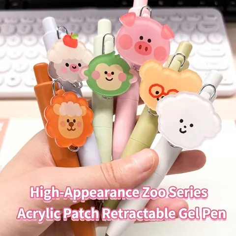 Mini Portable Gel Ink Pen Cartoon Animal Acrylic Patch Fatty Pocket Press Pen For Student Office Writing 0.5mm Black Ink
