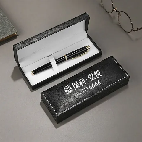 High Grade Black Cowhide Single Pen Gift Box New Chinese Style Business Packaging Case With White Stitching For Office Stationery Gift