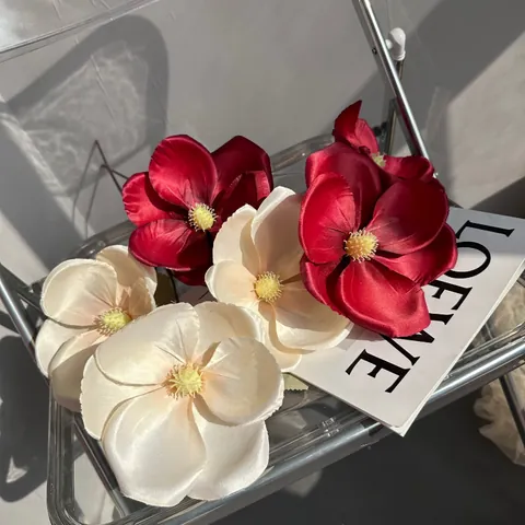 Artificial Magnolia Flower Three Head Silk Cloth Simulation Bouquet For Wedding Home Hotel Desktop Decoration Elegant Floral Arrangement