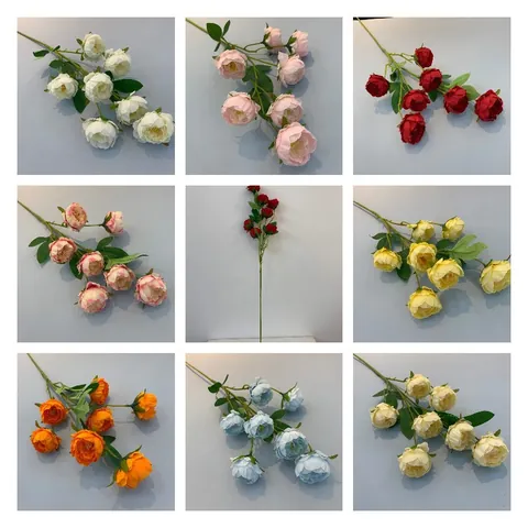 Ramo de Flores Artificiales de Peonía de Tela de Seda Con Hojas Verdes Para Decoración de Fiesta de Boda en la Sala de Estar