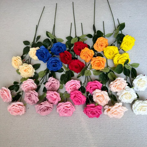 Artificial 3 Heads Diamond Rose Stem With Water Droplets Realistic Silk Cloth Rose Flower Wedding Floral Wall Decor