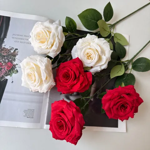 Artificial 3 Heads Diamond Rose Stem With Water Droplets Realistic Silk Cloth Rose Flower Wedding Floral Wall Decor