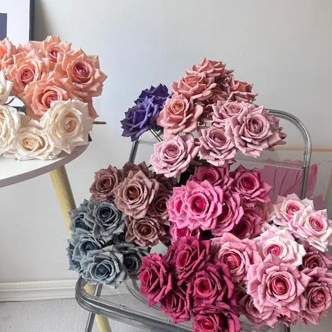 Artificial Silk Cappuccino Rose Bouquet Vintage Diamond Rose Fake Flower Bunch For Wedding Home Hotel Decor