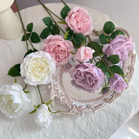 Artificial Austin Rose Silk Flower Long Stem Faux Rose Bouquet For Wedding Home Hotel Desktop Decoration Realistic Fabric Flower