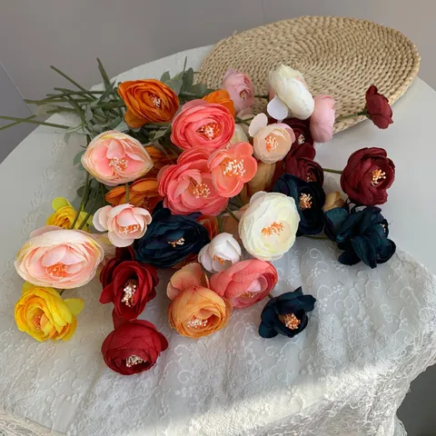 4-Head Artificial Rose Flower Satin Fabric Small Tea Rose Long Stem For Wedding Hotel Home Party Decoration Pastoral Faux Floral Decor
