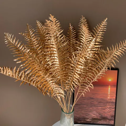 Artificial Golden Persian Fern Leaves 5-Branch Metallic Gloss Plastic Plants For Home Wedding Party Festival Floral Decor