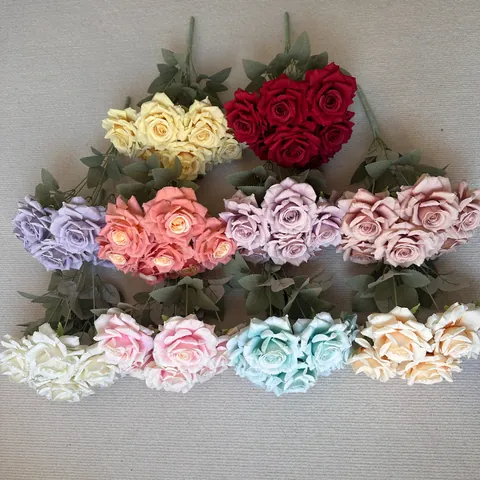 7-Head Artificial Diamond Rose Silk Flower Bouquet Realistic Fake Rose Floral Arrangement For Home Wedding Party Decoration