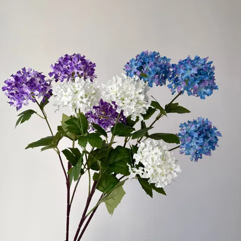 Realistic Artificial Three-Head Hydrangea Silk Flowers For Wedding Hotel Home Decoration Faux Snowball Branch Silk Cloth Plastic