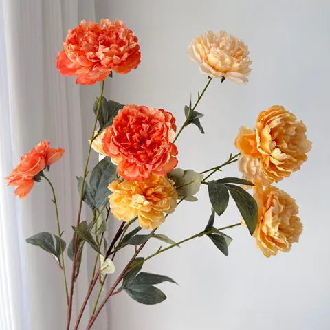 Peonía Artificial Estilo Chino Vintage Multi-Cabezas Borde Quemado Efecto Marchito Peonía de Satén para Boda Decoración Hogar Fotografía