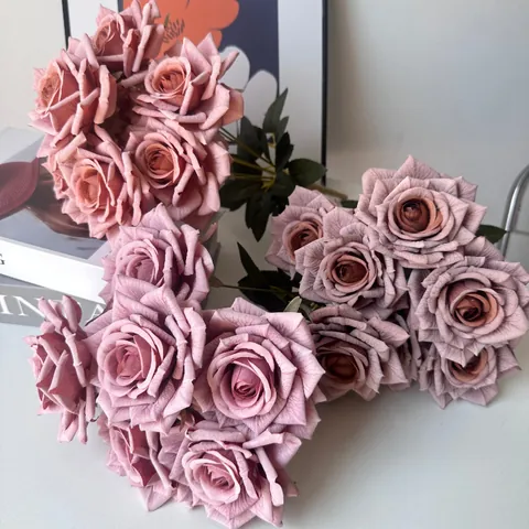 Artificial Silk Cappuccino Rose Bouquet Vintage Diamond Rose Fake Flower Bunch For Wedding Home Hotel Decor